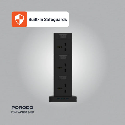 Porodo, Three-Story 12AC Power Hub With USB-C PD & Quick Charge 3.0 - Black