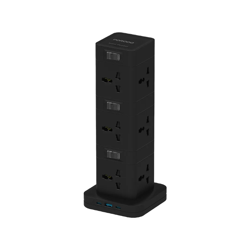 Porodo, Three-Story 12AC Power Hub With USB-C PD & Quick Charge 3.0 - Black