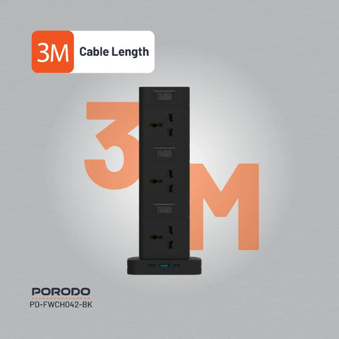 Porodo, Three-Story 12AC Power Hub With USB-C PD & Quick Charge 3.0 - Black