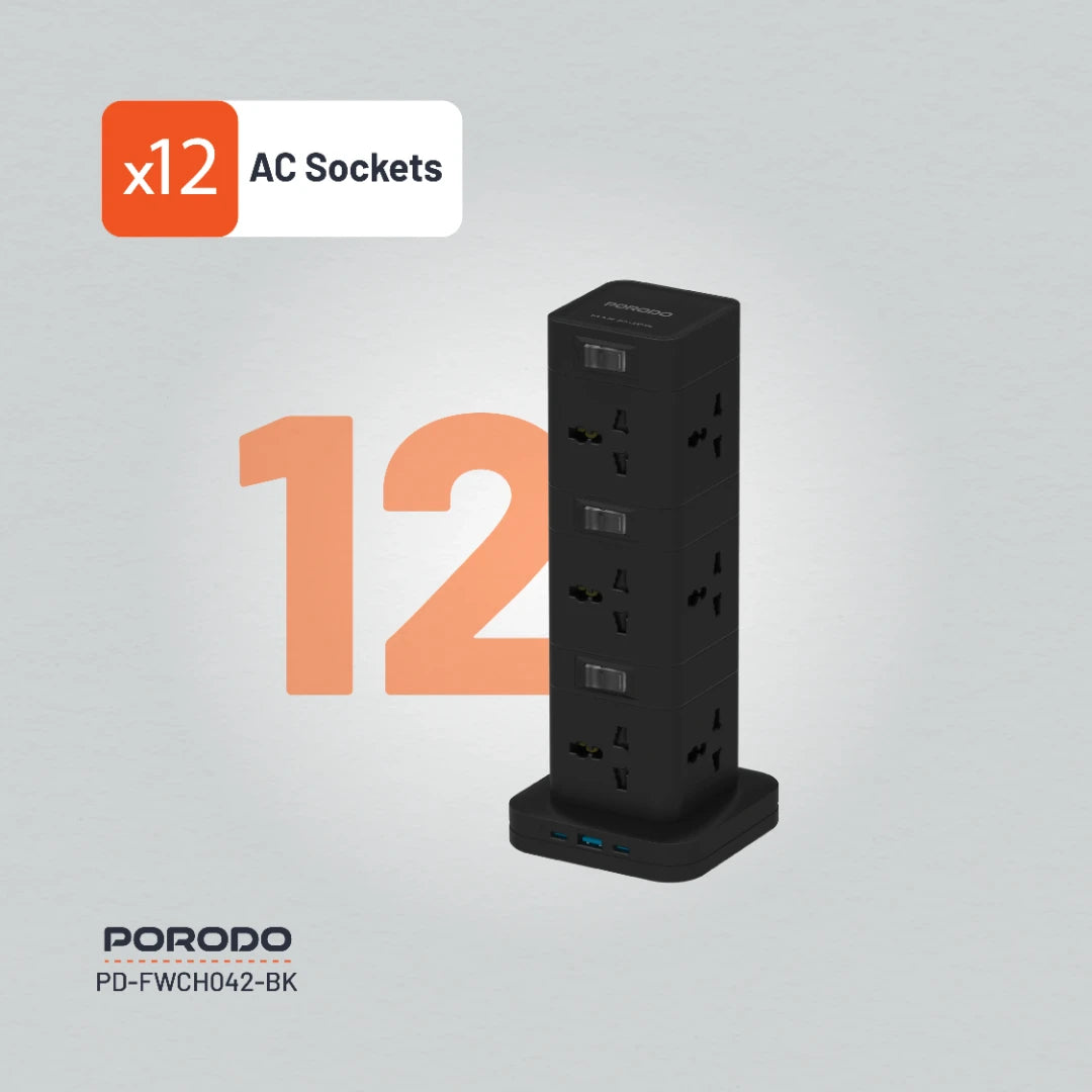 بورودو، قاعدة طاقة بثلاثة طوابق مع 12 منفذ AC ومنفذ USB-C PD وشحن سريع 3.0 - أسود