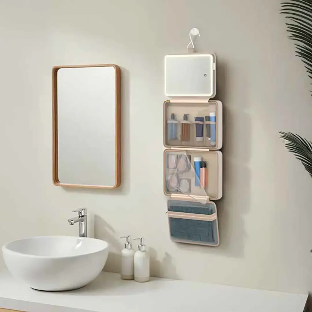 Porodo Travel Makeup Case with Detachable LED Mirror & Hanging Hook – Beige