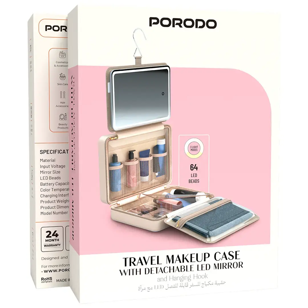 Porodo Travel Makeup Case with Detachable LED Mirror & Hanging Hook – Beige