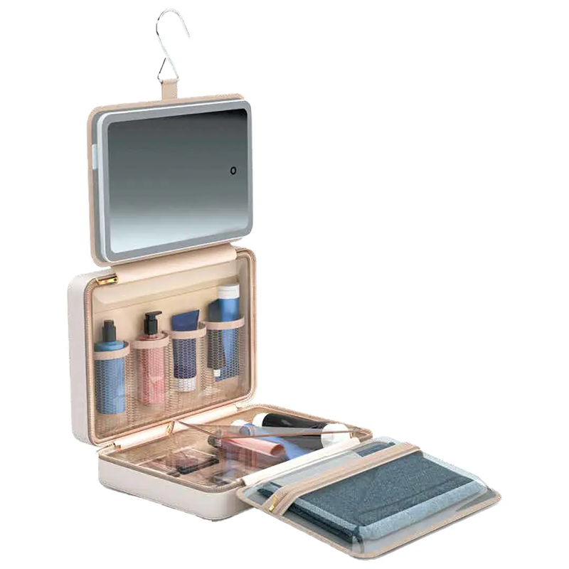 Porodo Travel Makeup Case with Detachable LED Mirror & Hanging Hook – Beige