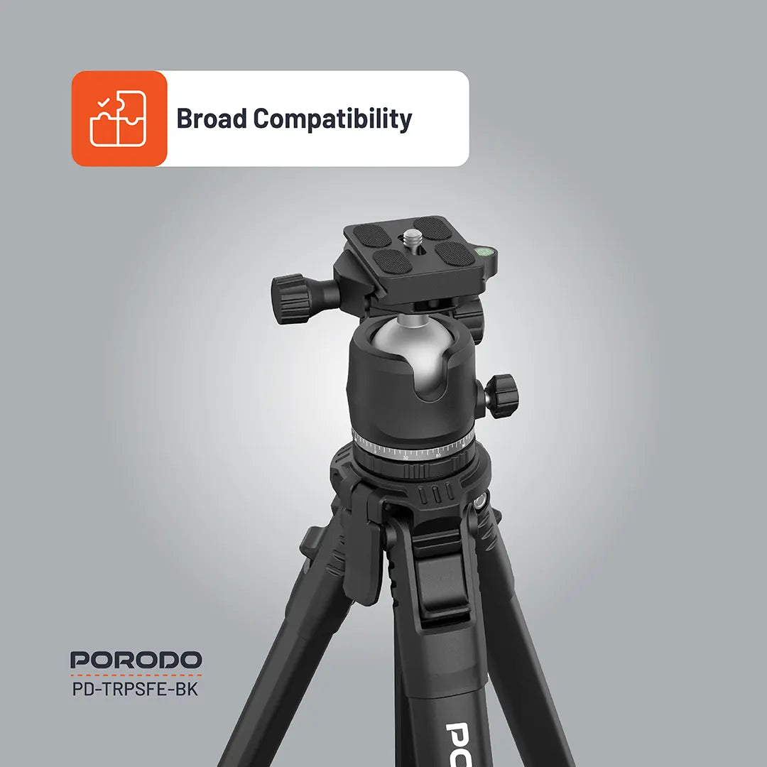 Porodo Ultra-Light Aluminum Tripod with 360° Rotation & Telescopic Design - Black