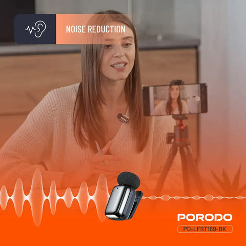 Porodo Wireless Lavalier Microphones Lightning Connector | Noise Reduction - Black