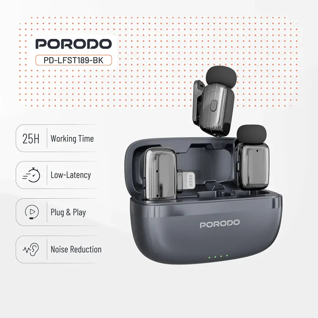 Porodo Wireless Lavalier Microphones Lightning Connector | Noise Reduction - Black