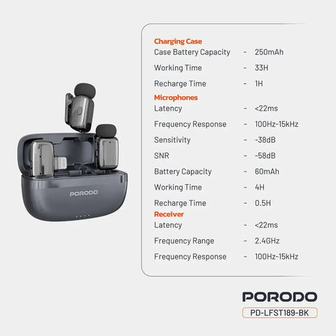 Porodo Wireless Lavalier Microphones Lightning Connector | Noise Reduction - Black