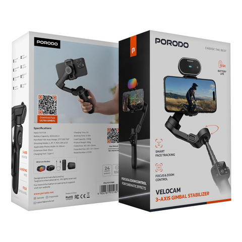 Porodo, velocam 3-AXIS Gimbal Stabilizer - Black