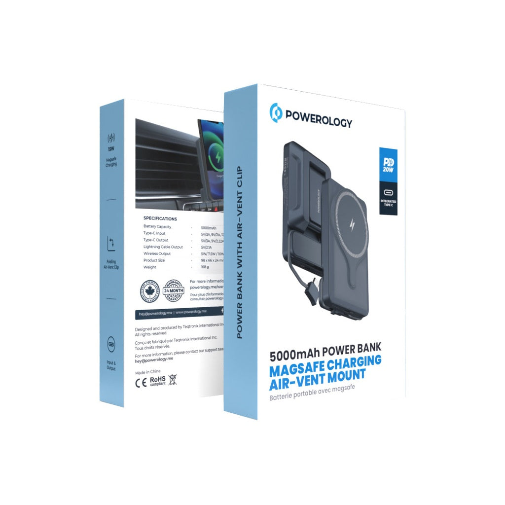 Powerology, 5000mAh Power Bank With Magnetic Wireless Charger Car Mount