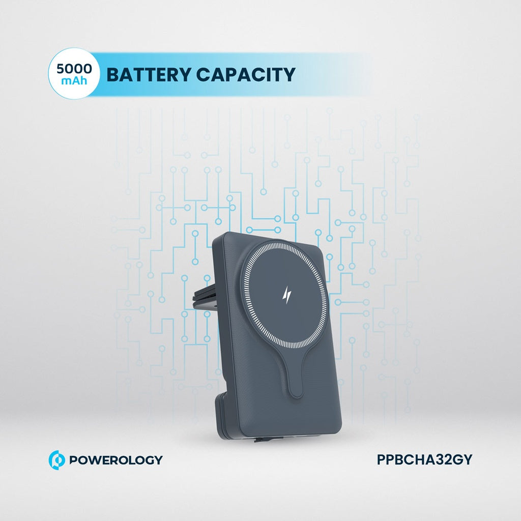 Powerology, 5000mAh Power Bank With Magnetic Wireless Charger Car Mount