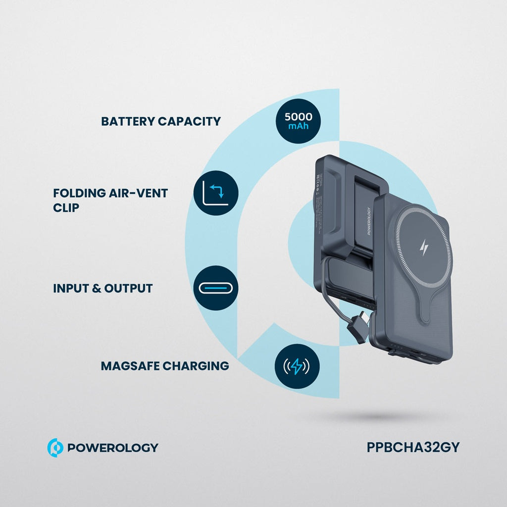 Powerology, 5000mAh Power Bank With Magnetic Wireless Charger Car Mount