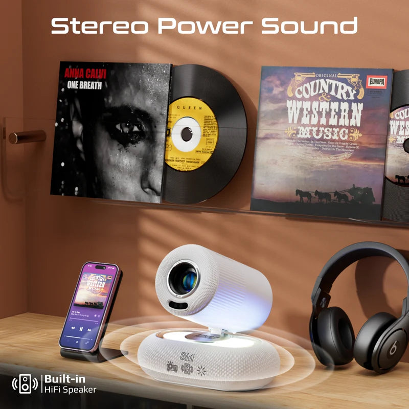 Promate, Beamer-250R Wireless LCD Projector 1080P with 4K Support, Android 13 & Built-In Speakers