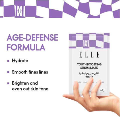 Korean ELLE Youth Boosting Serum Mask – Anti-Aging, Hydrating, Brightening & Firming Face Mask – Infused with Peptides, Hyaluronic Acid, and Niacinamide for Youthful Skin- 4 Packs