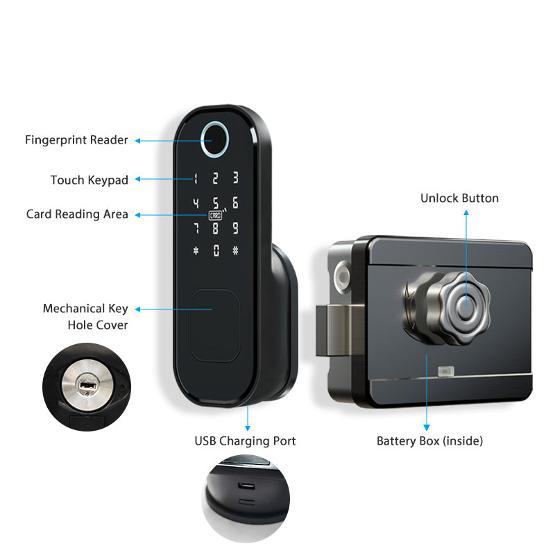 غوبيتا VD08، قفل خارجي ذكي TTLock للبوابات المعدنية مع بصمة الإصبع وRFID والتحكم عبر التطبيق