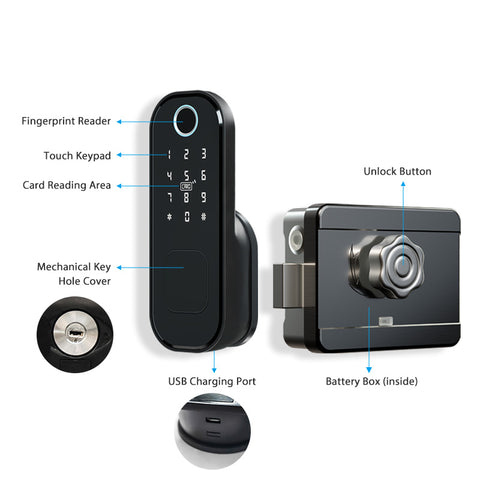 غوبيتا VD08، قفل خارجي ذكي TTLock للبوابات المعدنية مع بصمة الإصبع وRFID والتحكم عبر التطبيق