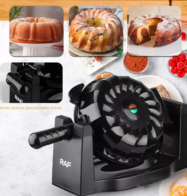 RAF Electric Rotatable Bundt & Lava Cake Maker with Non-Stick Surface, Safety Lock & LED Indicator - 1800W