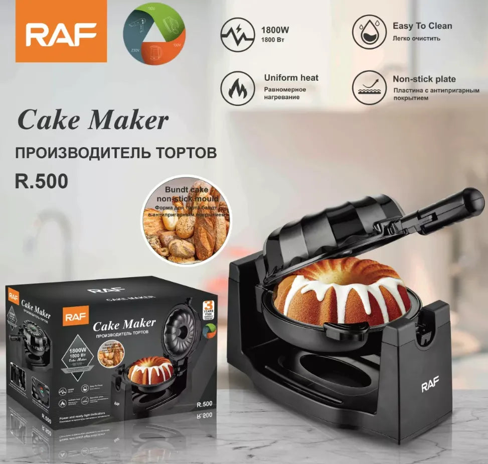 RAF Electric Rotatable Bundt & Lava Cake Maker with Non-Stick Surface, Safety Lock & LED Indicator - 1800W