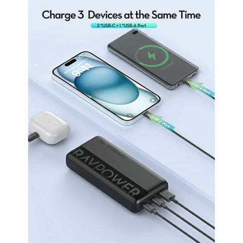 RAVPOWER PD3.0 20W 3 Ports Power Bank (20000mAh) - PB1235
