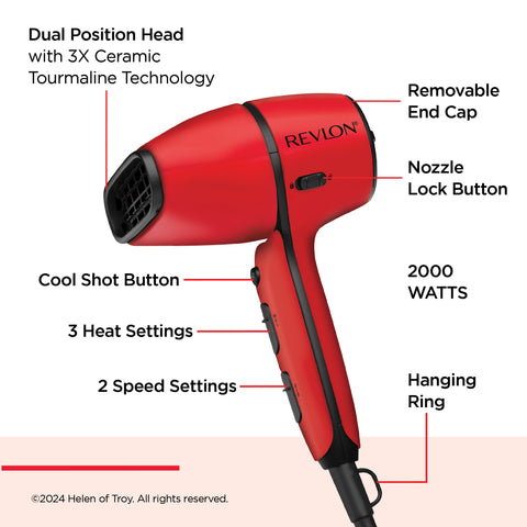 Revlon Airflow Control Hair Dryer 2000W – Ceramic Tourmaline with Diffuser & Concentrator (Red)