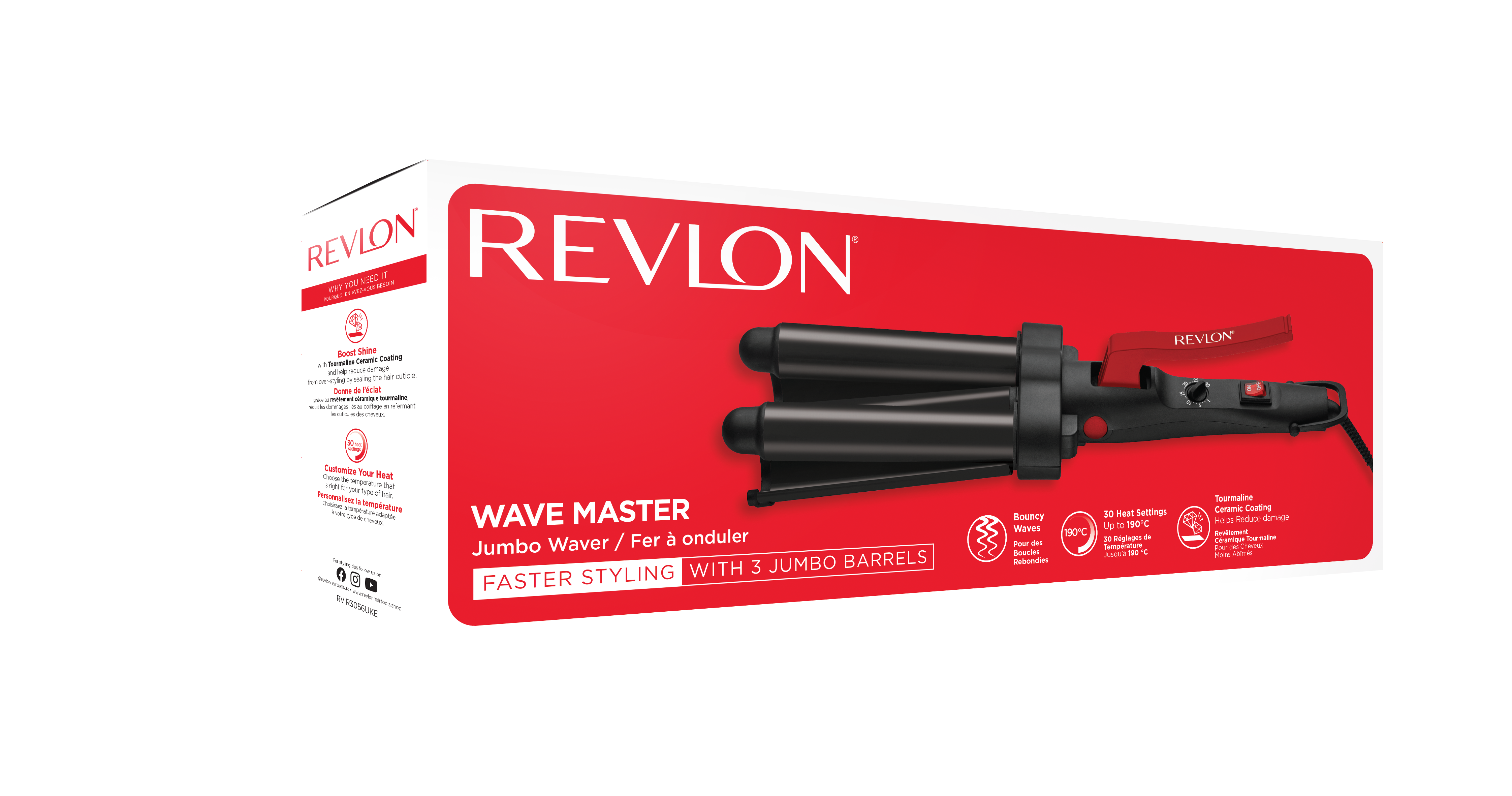 Revlon, Wave Master Jumbo Waver – 3-Pong Ceramic Barrel, Tourmaline Coating, Adjustable Heat – Beachy Waves Made Easy