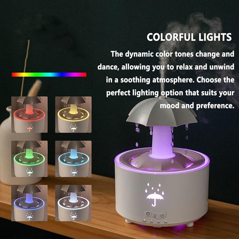 Rain Umbrella Humidifier, 7 Color LED Rotating Aroma Diffuser - White