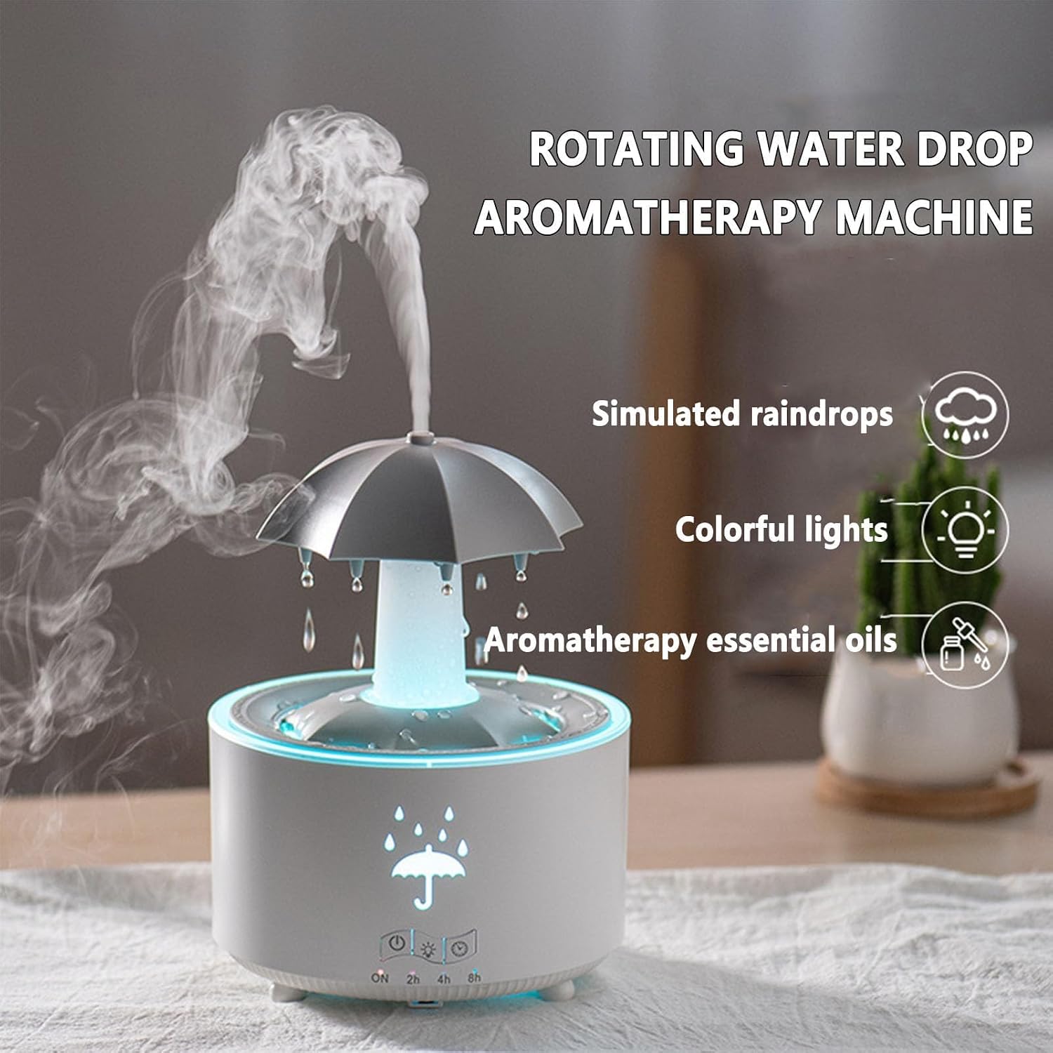 Rain Umbrella Humidifier, 7 Color LED Rotating Aroma Diffuser - White