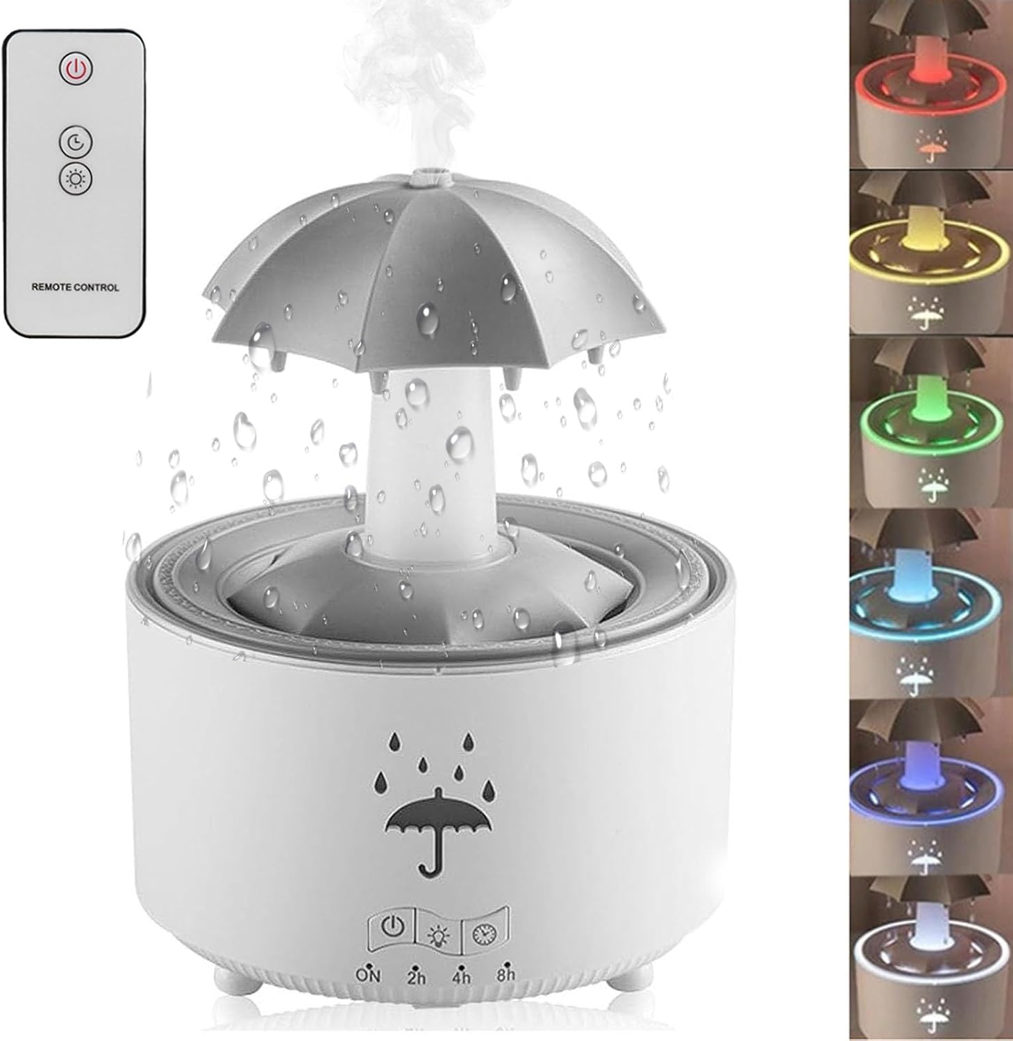 Rain Umbrella Humidifier, 7 Color LED Rotating Aroma Diffuser - White