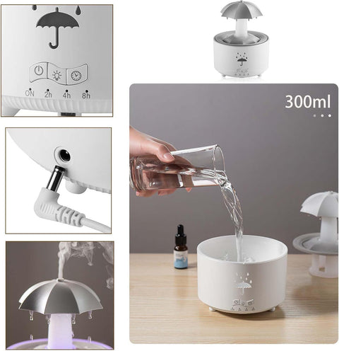 Rain Umbrella Humidifier, 7 Color LED Rotating Aroma Diffuser - White