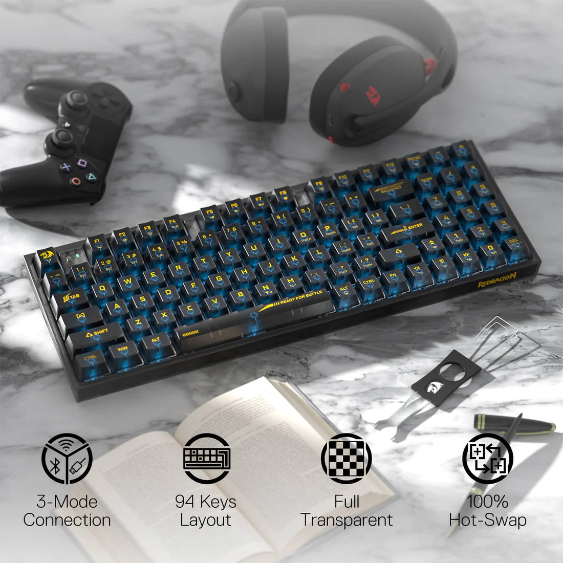 ريدراجون K658، آيرليا برو SE بنسبة 90%، لوحة مفاتيح ألعاب ميكانيكية شفافة بالكامل، RGB لاسلكية بثلاثة أوضاع