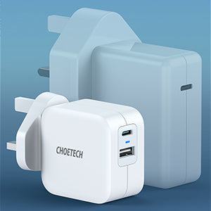 شاحن Choetech 38 وات بمنفذ USB C + USB A مزدوج - أبيض