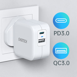 شاحن Choetech 38 وات بمنفذ USB C + USB A مزدوج - أبيض