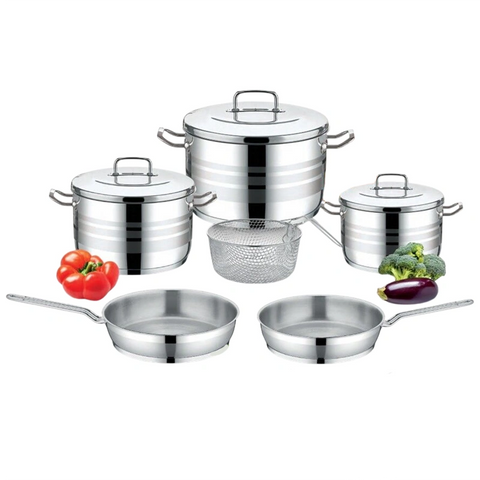 Saflon Stainless Steel Premium Cookware Set 9 Pieces Pots 20+24 +28 cm + Frypan 20+24 cm + Stainless Steel Basket 22 cm