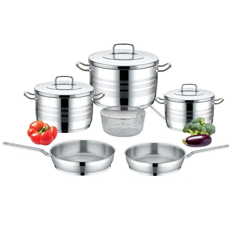 Saflon Stainless Steel Premium Cookware Set 9 Pieces Pots 20+24 +28 cm + Frypan 20+24 cm + Stainless Steel Basket 22 cm