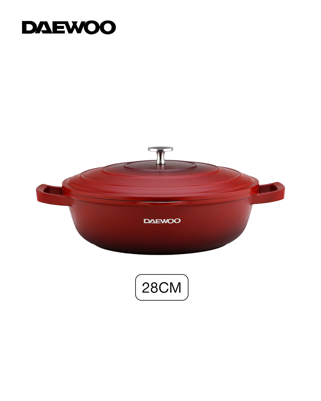 Daewoo 28cm Die-Cast Aluminum Shallow Casserole with Lid, Non-Stick Granite Stone Coating, Full Induction Base, Oven-Safe, Red, Chemical-Free