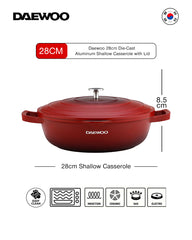 Daewoo 28cm Die-Cast Aluminum Shallow Casserole with Lid, Non-Stick Granite Stone Coating, Full Induction Base, Oven-Safe, Red, Chemical-Free