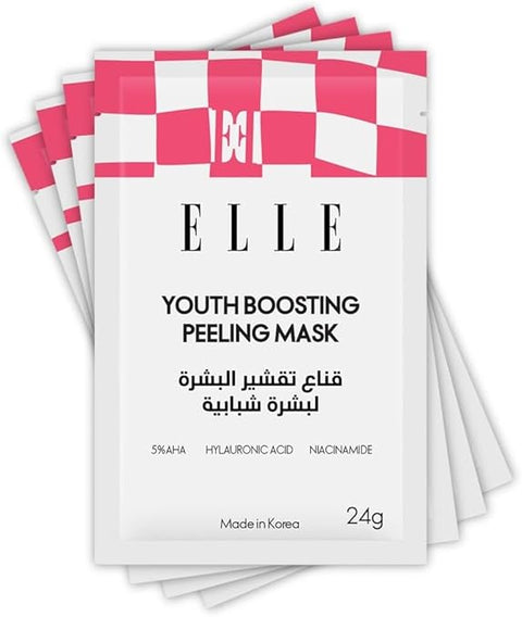 Korean ELLE Youth Boosting Peeling Mask – Anti-Aging, Hydrating & Brightening Face Mask – Packed with Peptides, Niacinamide, Lactic Acid and Hyaluronic Acid for Radiant, Youthful Skin- 4 Packs