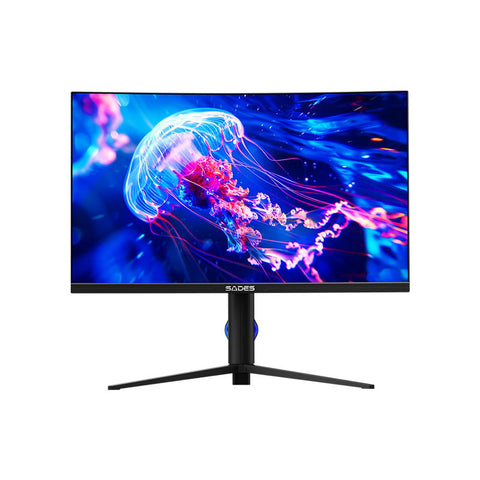Gaming monitor with colorful jellyfish display on a white background