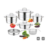 Saflon Stainless Steel Premium Cookware Set 10 Pieces Pots 20+24 +28 cm + 26cm Shallow Pot + 26cm Frypan + Stainless Steel Basket 22 cm
