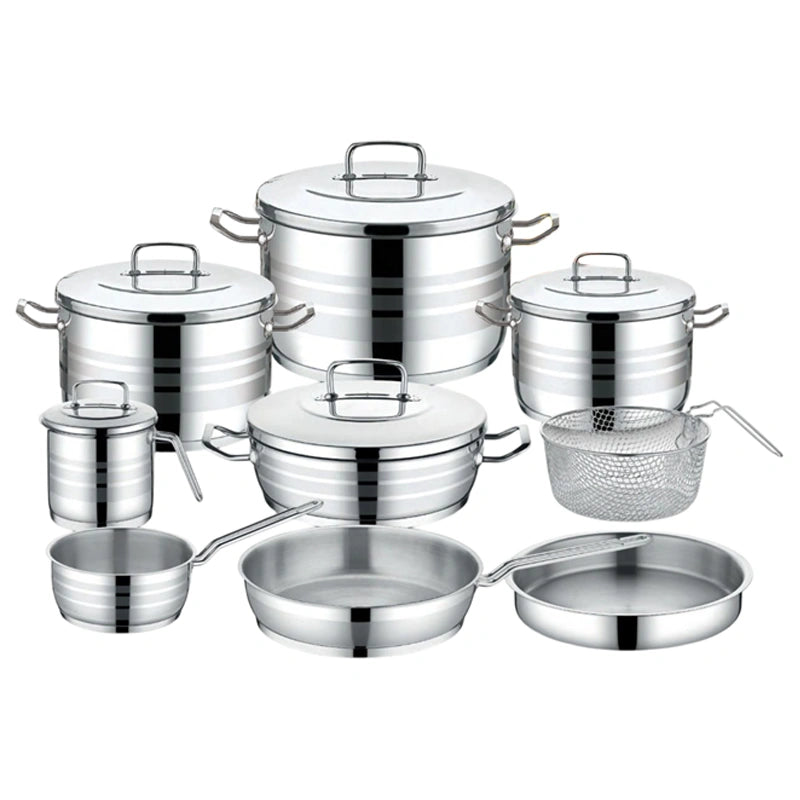 Saflon Stainless Steel Premium Cookware Set 14 Pieces Pots 20+24 +28 cm + 26cm Shallow Pot + 24cm Frypan + Suace Pan 18 cm + Milk Pot + Tray 26 + Stainless Steel Basket 22 cm