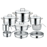 Saflon Stainless Steel Premium Cookware Set 14 Pieces Pots 20+24 +28 cm + 26cm Shallow Pot + 24cm Frypan + Suace Pan 18 cm + Milk Pot + Tray 26 + Stainless Steel Basket 22 cm
