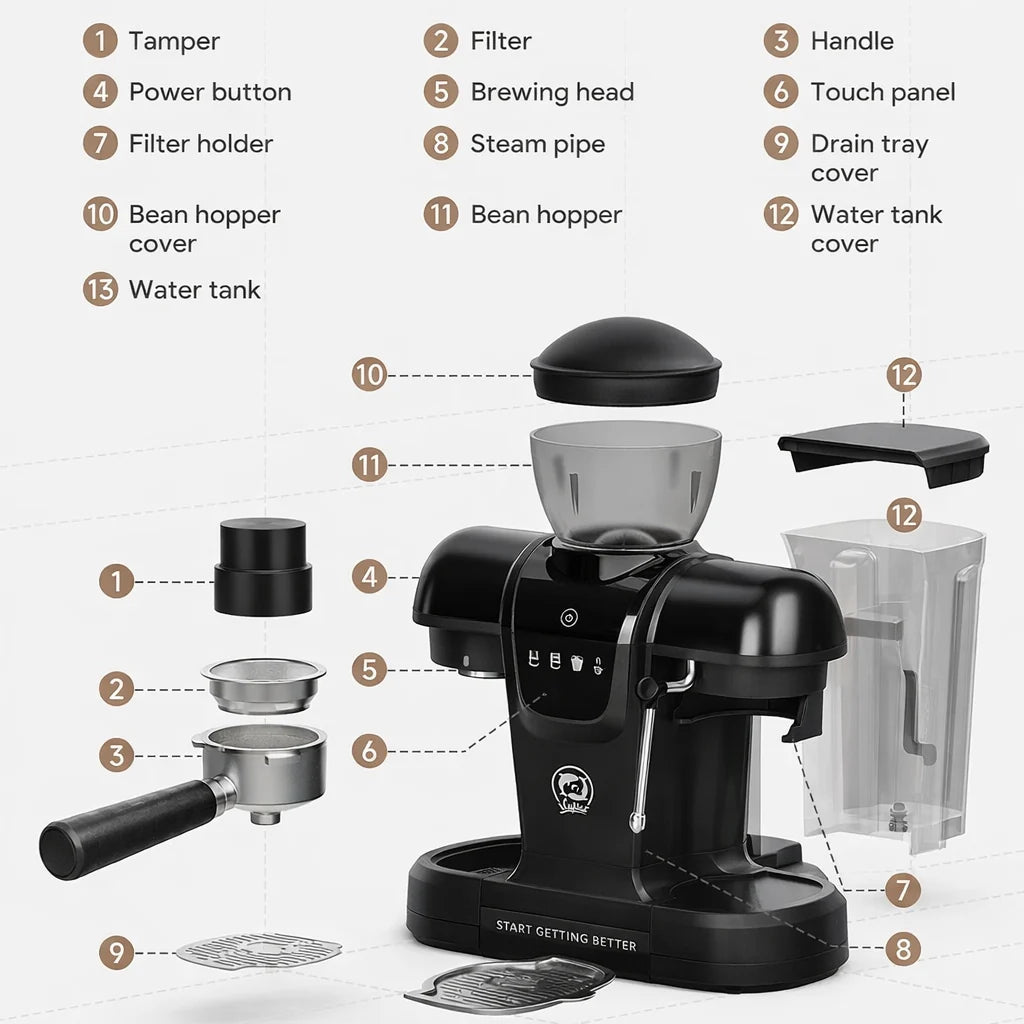 iCafilas ME2603 Semi-Automatic Espresso Coffee Maker with Integrated Burr Grinder