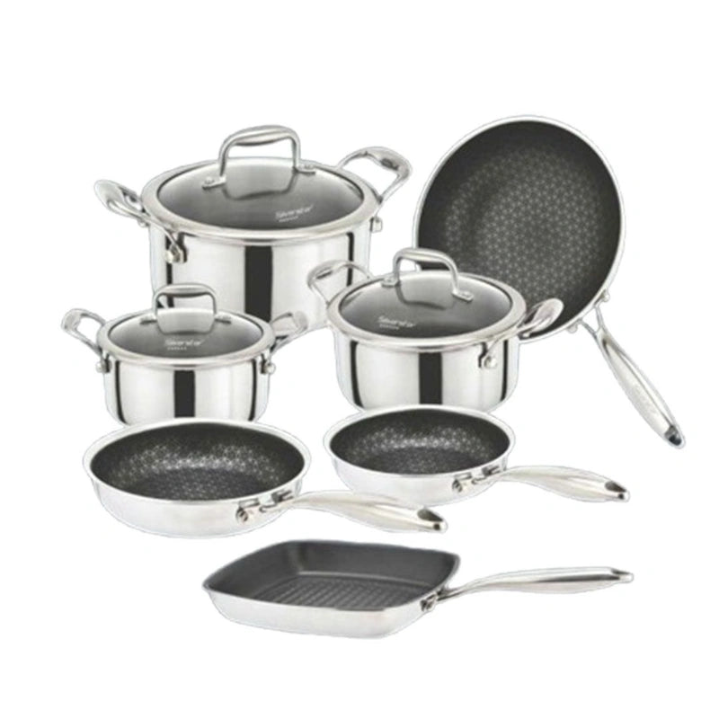 Silverstar 18/10 Stainless Steel 10 PCS Cooking Set Casserole With Glass Lid 28+24+20 cm + Frypan 24+20 cm + Grill Pan 26 CM + Wok Pan 28 cm