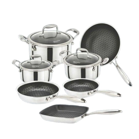 Silverstar 18/10 Stainless Steel 10 PCS Cooking Set Casserole With Glass Lid 28+24+20 cm + Frypan 24+20 cm + Grill Pan 26 CM + Wok Pan 28 cm