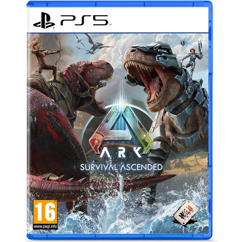 Game case for 'ARK: Survival Ascended' on PS5 with two dinosaurs facing each other.