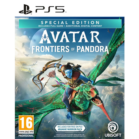 Game cover of 'Avatar: Frontiers of Pandora' for PS5 with a character riding a dragon.