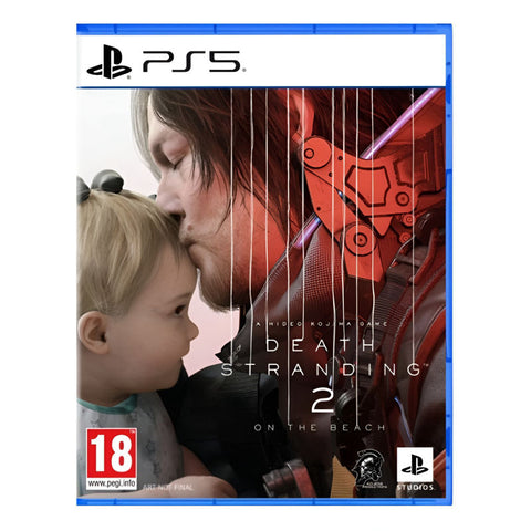Game cover for 'Death Stranding 2' on PlayStation 5 with a man and child and a robot.