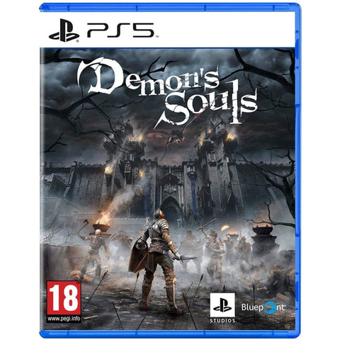 PlayStation 5 game case for 'Demon's Souls' with a dark, gothic castle and warrior character.