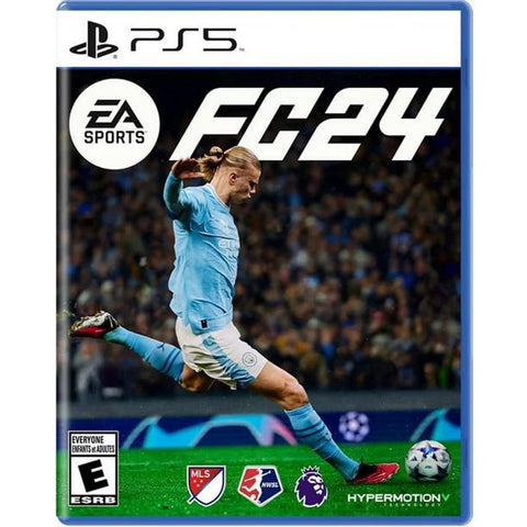 PS5 game cover of FC 24 with EA Sports logo and soccer player action