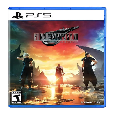 PlayStation 5 game case for 'Final Fantasy VII Remake' with characters and sunset scene.