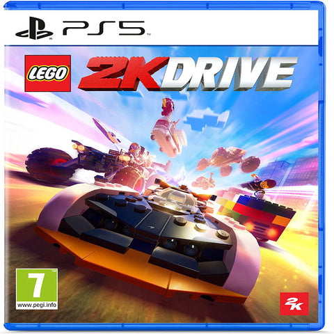 Game cover for 'LEGO 2K Drive' on PS5 with colorful racing scene and LEGO branding.